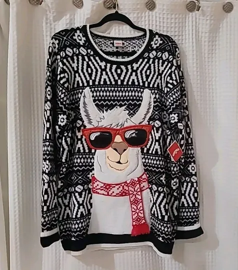 Ugly Christmas Sweater Unisex XL Black White Llama 3D Textured Knit NWT