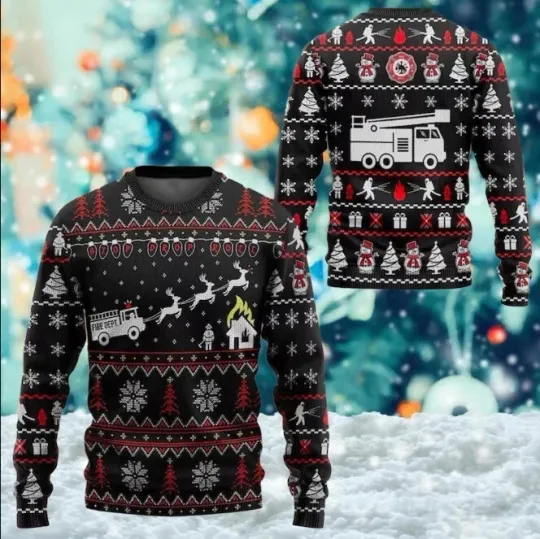 Fireman Ugly Christmas Sweater, Fire Dept 3D Sweater, Fire Truck Xmas Sweatshirt
