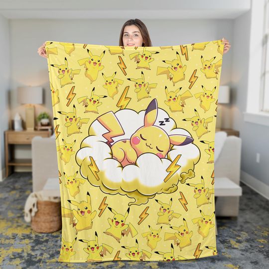 Anime Pika Cozy Fleece Blanket, Poke Blanket, Gift For Him, Poke Lover Y2K Crewneck, Blanket Birthday Gift