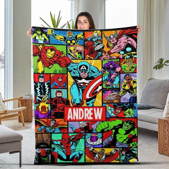 Personalized Avengers Superhero Fleece Blanket, Hulk Captain America Avenger Fleece Blanket For Couch Sofa, Personalized Blanket