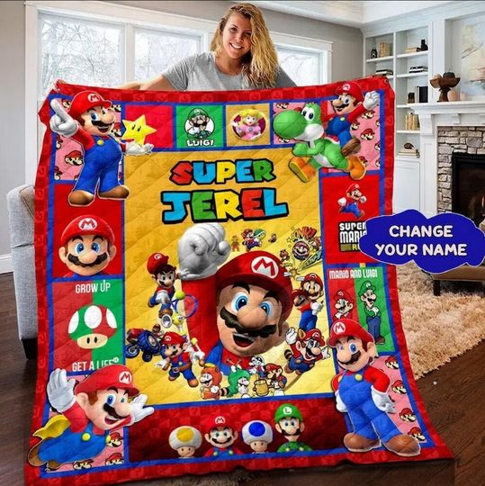 Custom Game Super Mario Blanket, Customized Super Mario Quilt, Super Mario Birthday Gifts, Mario Shirt, Game Blanket, Gaming Blanket