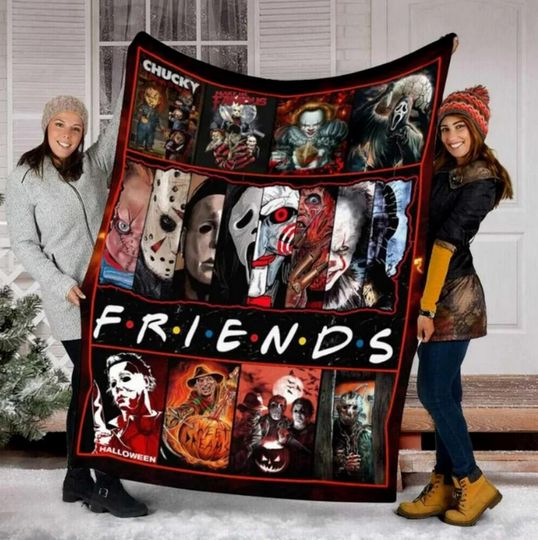 Personalized Horror Faces Halloween Fleece Blanket, Horror Friends Halloween Gift, Michael Myers, Chucky, Pennywise and Horror Friends  Gift