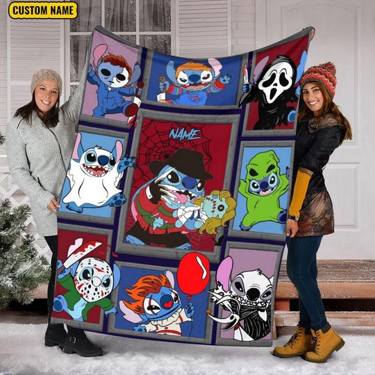 Stitch Cosplay Horror Characters Fleece Blanket, Scary Movies, Stitch Boogieman, Custom Name, Disney Stitch Horror Halloween Blanket