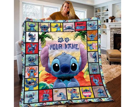 Personalized Disney Stitch Quilt Fleece Blanket, Disney Lilo and Stitch Blanket, Disney Stitch Christmas Gifts, Stitch Christmas Gifts
