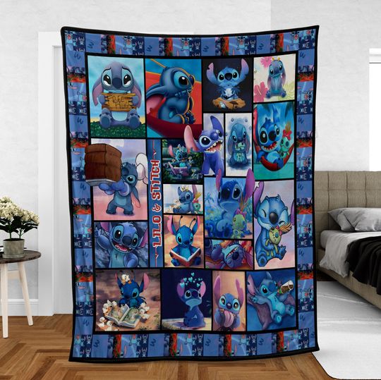 Lilo n Stitch PREMIUM Fleece Blanket, Stitch Lovers Fleece Blanket, Stitch Cartoon Blanket Mink Sherpa