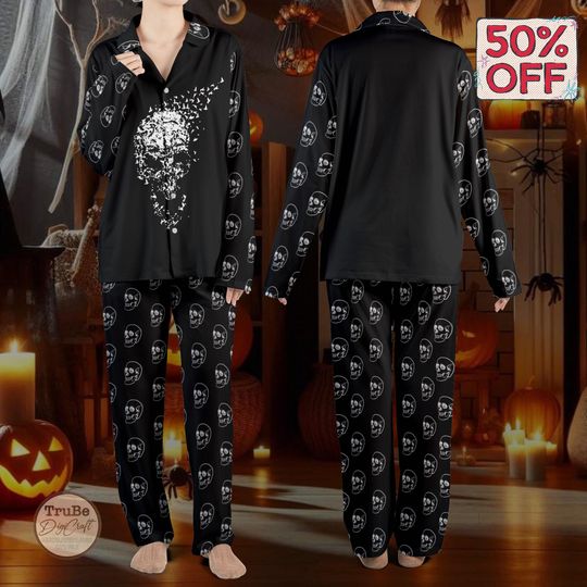 Funny Skull Halloween Pajama Set  Black Skull PJs Cute Fall Loungewear Sleepwear for October Halloween Sleepwear - Halloween Gift