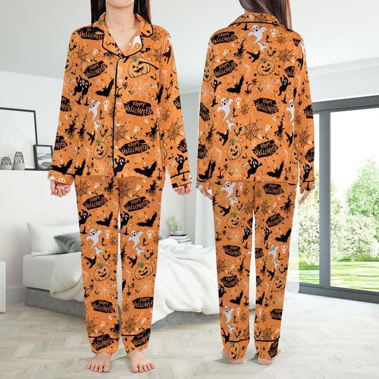 Retro Halloween Pajamas Set, Spooky Season Short Long Sleeve Pajama Set, Trick Or Treat Sleepwear, Happy Halloween Pajamas Set