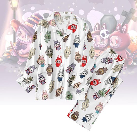 Labubu Horror Thick Pajamas, Horror Character Pajamas, Button Up Sleepwear, Cozy Outfit for Horror Fans, Spooky Gifts for Men, Labubu Merch
