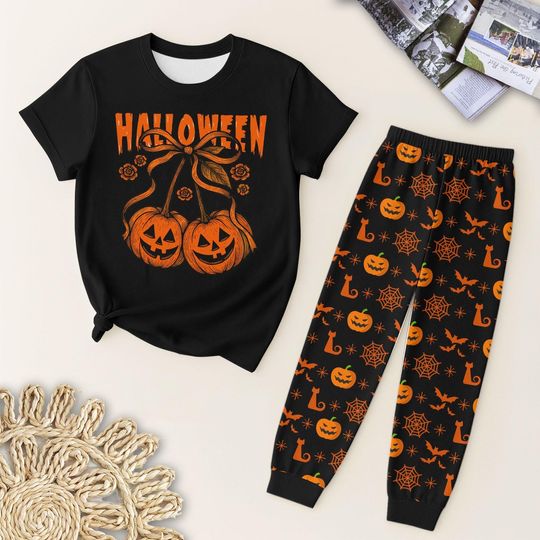 Halloween Pumpkin Coquette Bow Pajama Set, Cottage Core Shirt, Pumpkin Cherries Tee, Fun Holiday Sleepwear, Autumn Clothing