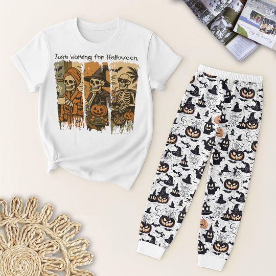 Just Waiting For Halloween Pajama Set, Funny Skeleton Fall Sleepwear With Pumpkin, Spooky Loungewear For Holiday, Halloween Gift