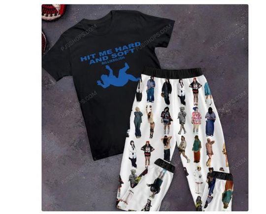 Hit Me Hard and Soft Holiday Pajamas Set, Billie Eilish Personalized Family Pajamas, Billie Eilish Family Christmas Pajamas Set.