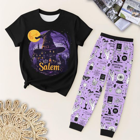 Halloween Salem Witch House T Shirt And Pants Pajamas, Spooky Witch Pajamas Set, Halloween Night Sleepwear, Horror Holiday Gift