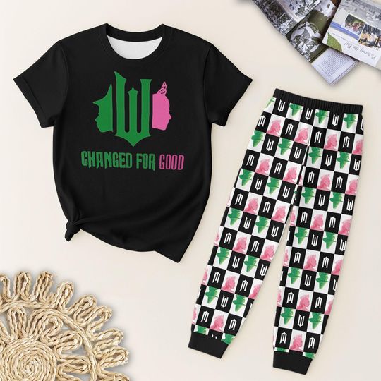 Changed For Good Halloween Pajama Set, Wick Musical Movie Loungewear, Pink Goes Good Green Shirt, Wizard Sleepwear, Holiday Gift
