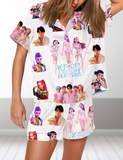 Kpop Demon Hunters Pajamas Set with Pocket, Huntrix Short Pajamas, Kpop Idol Group Shirt, Mira, Rumi, Joy, Fan Gift