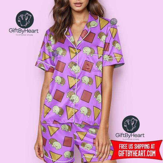Kpop Demon Hunters Pajama Set with Pocket - Zoeys Turtle Print Sleepwear, Huntrix Kpop Merch for Fans