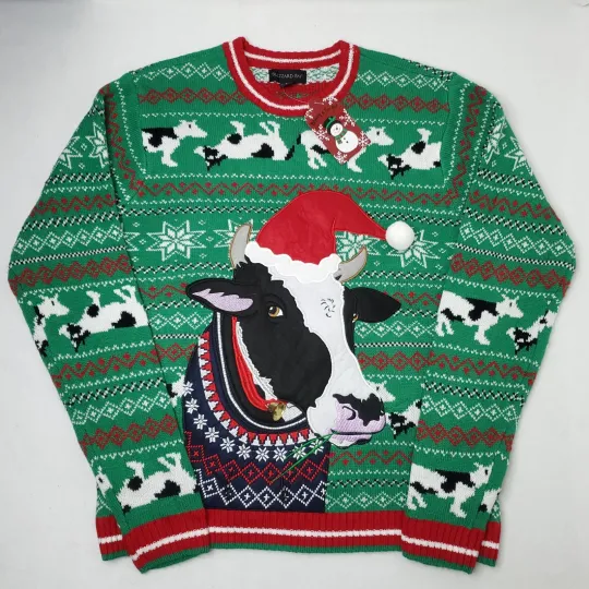 Blizzard Bay Cow Ugly Christmas Sweater Mens Size L Fair Isle 3D Knit Snowflake