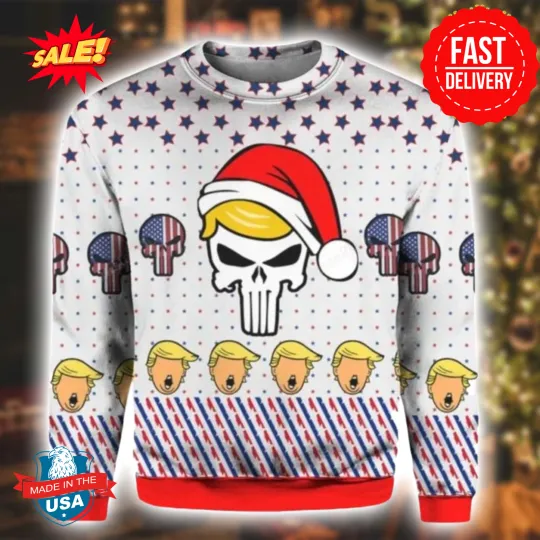 Punisher Skull 3D Print Trump Ugly Christmas Sweater Gift For Holiday