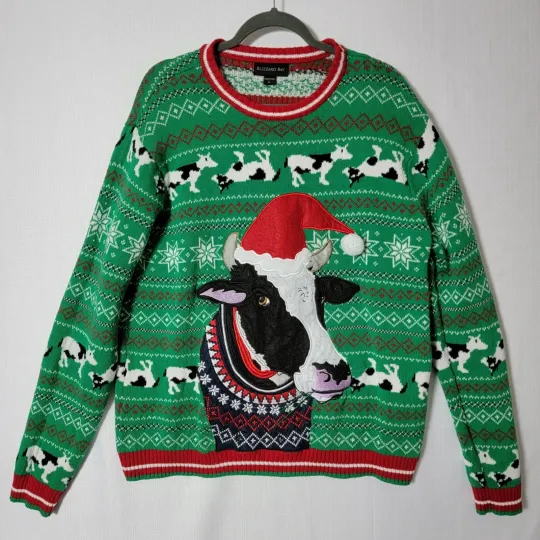 Blizzard Bay Ugly Sweater Christmas Size Adult Large 3-D  Cow Fair Isle Green