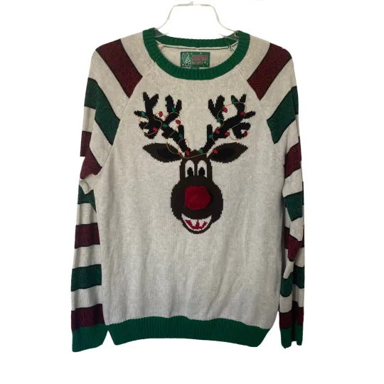 Ugly Christmas Sweater Men’s XL Rudolph Red Nose Reindeer 3D PomPom Embroidery