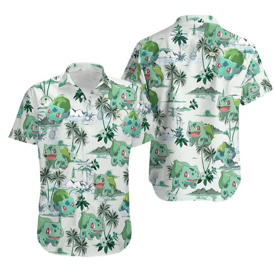 P0kemon Hawaiian Shirt Summer Beach Bulbasaur Pokem0n Palm Tree Aloha Button Up