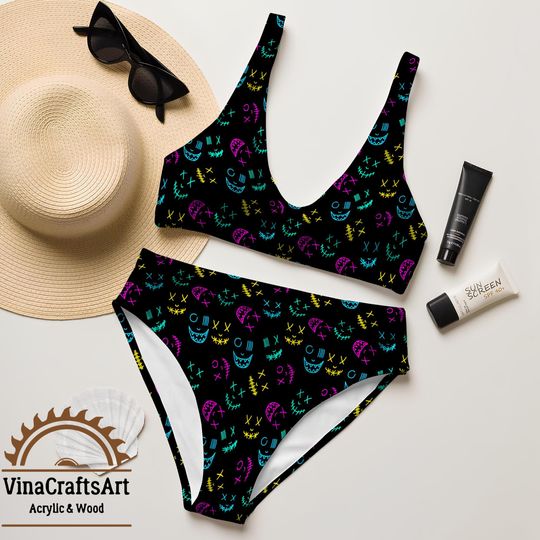 Liberal Fourth of July Bikini, Neon Smiley Face Bikini,Halloween, Alt Emo Y2K Swimwear, Edgy Graphic Two Piece Bathing Suit