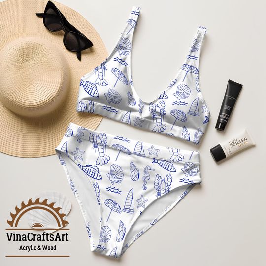 Sorrento Mediterranean Bikini Set, Blue Nautical Print, Seashell & Lobster Summer Swimwear
