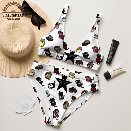 Hamilcat Watercolor Animal Bikini Set, Cute Black Cat Two Piece Swimsuit