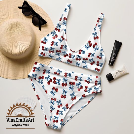 American Flag Cherry Bow Bikini Set, 4th of July Swimsuit, Patriotic Summer Bikini, USA Flag Two Piece Swimsuit