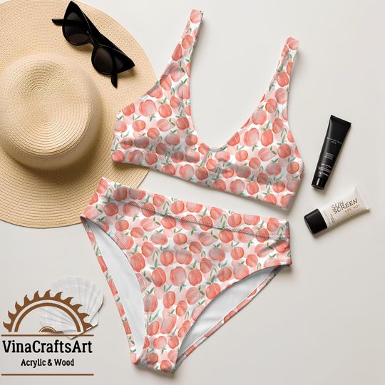 Pink Peach Bikini Set, Summer Peach Two-Piece Swimsuit, Fruity Botanical Bathing Suit