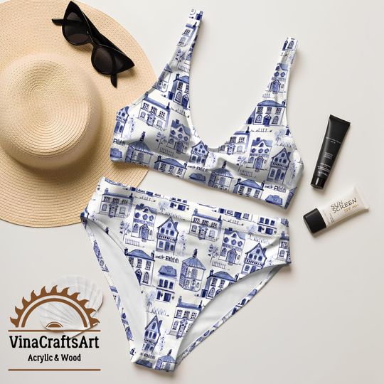 House Blue Toile Bikini Set, Blue Architecture Print Swimsuit, Retro French-Inspired Cottagecore Swimwear
