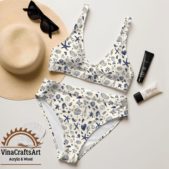 Sea Shell Art Bikini Set, Navy Toile Shell Print Two Piece Swimsuit, Coastal Minimalist Beach Bikini