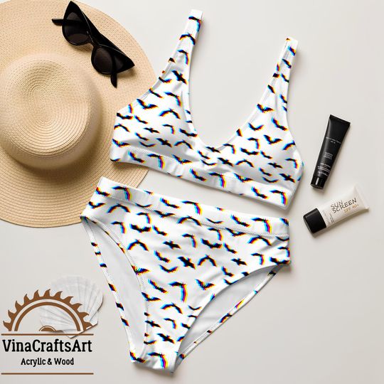 Bat Glitch Color Bikini Set, Recycled Fabric, Halloween Swimwear, Pastel Goth Two-Piece Swimsuit