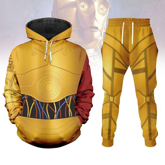 C3PO Star Wars Episode 7 Cosplay Hoodie Jogger, Star Wars Halloween Costume for Men, Droid Outfit, C3PO Tracksuit, Sci-Fi Streetwear