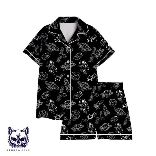 Astronaut Space Pajama Set, Cosmic Galaxy Shorts Sleepwear, Rocket Ship Nightwear, Space Lover Gift, Black Unisex PJs