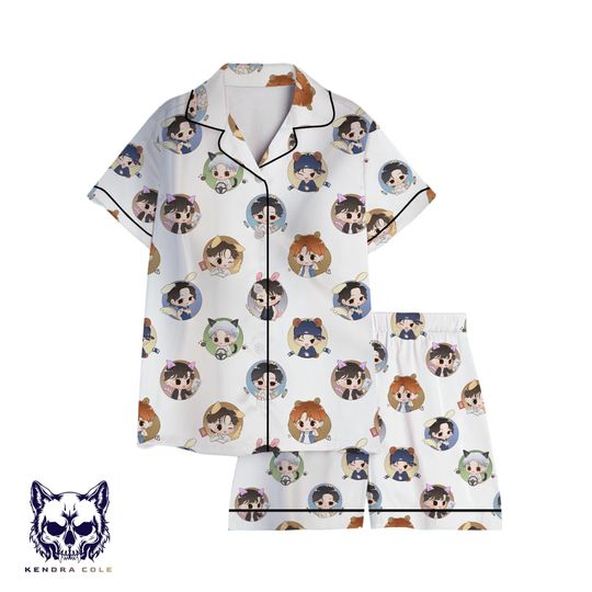 Ateez Chibi Pajama Set  Kpop Fan Sleepwear, Cute Cartoon Member PJs, Unisex Short Sleeve & Shorts, ATEEZ Gift for Stans