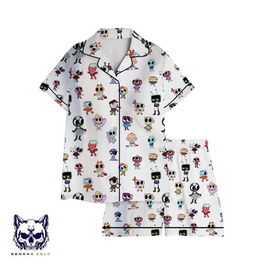 Dandys World Character Pajama Set - All Characters Print, Long Sleeve Unisex Sleepwear, Indie Cartoon Fan Lounge Set