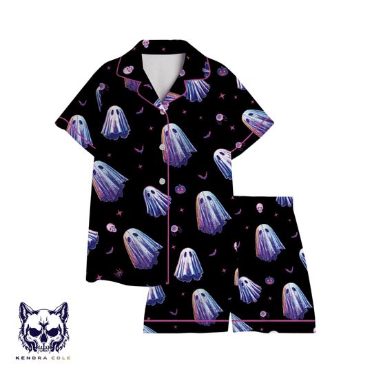 Spooky Ghost Halloween Pajama Set for Women, Cute Goth Sleepwear, Purple Ghost Loungewear, Cozy Fall PJ Gift