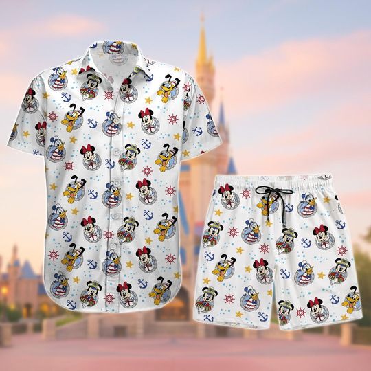 Mickey Cruise Button Shirt Shorts, Nautical Mickey Button Shirt, Cruise Mickey Shorts, Disney Boat Summer Sets, Disney Sailor Shirt