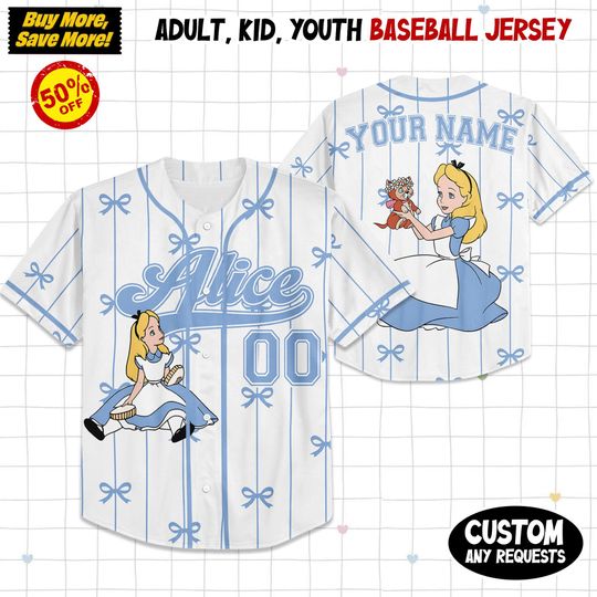 Personalize Coquette Bows Disney Alice In Wonderland Baseball Jersey, Custom Kid Youth Adult Baseball Jersey, Custom Disney Birthday Gift
