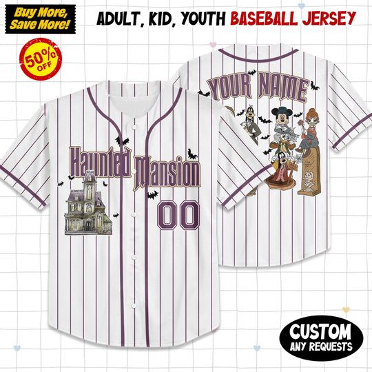 Custom Haunted Mansion Halloween Baseball Jersey, Matching Baseball Team Outfit, Adult Youth Kids Jersey, Jersey for Disney Fans