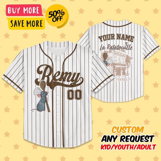Custom Little Chef Remy Ratatouille Paris France Simple Baseball, Custom Kid Youth Adult Disney Baseball Jersey, Disney Trip Matching
