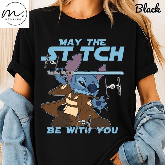May The Stitch Be With You Shirt, Funny Jedi Stitch Tee, Star Parody T-Shirt, Cute Space Movie Fan Gift, Lightsaber Alien Top