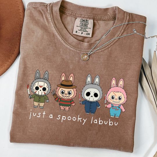 Spooky Labubu Halloween Shirt, Horror Bunny Characters, Cute Halloween Sublimation, Freddy Jason Michael Chucky, Kawaii Halloween Design