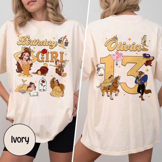 Personalized Princess Belle Birthday Shirt, Beauty And Beast Birthday Theme Tee, Birthday Girl Party Gift, Women Girl Teenage Birthday Shirt