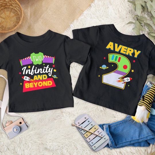 Personalized Toy 2nd Birthday Shirt, Two Infinity and Beyond Shirt, Toy Cartoon Tee, Birthday Boy Shirt, Space Toy Theme Kid Toddler Shirt