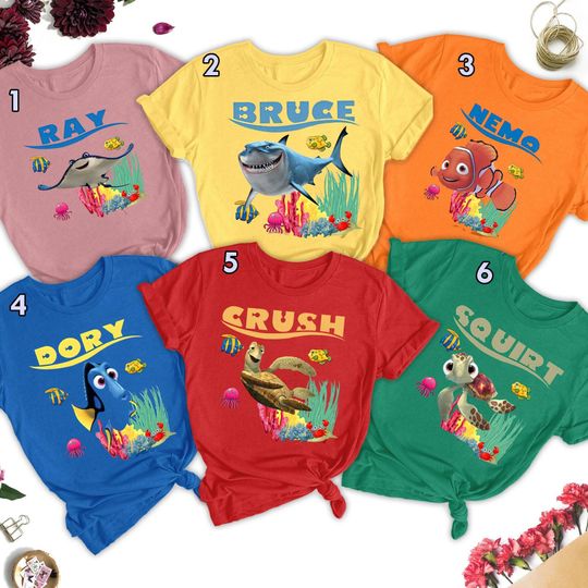 Custom Fish Finding Son Movie Characters Group Matching T-Shirt, Clown Fish Adventure Shirt, Funny Shark And Turtle Character Shirts