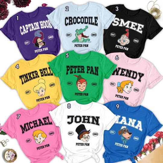 Retro Peter Pan Characters Est Group Of Fairytale Matching Tee, Tinker Bell Captain Hook  T-Shirt, Shirts For Magic Kingdom Family Trip RE