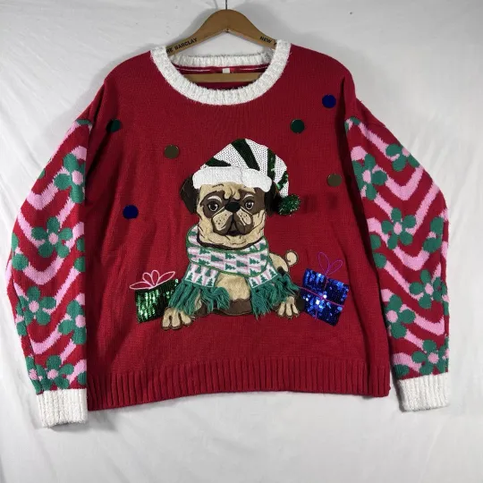 Blizzard Bay Size M Ugly Christmas Sweater Pug Dog Santa Hat 3D Scarf Sequins