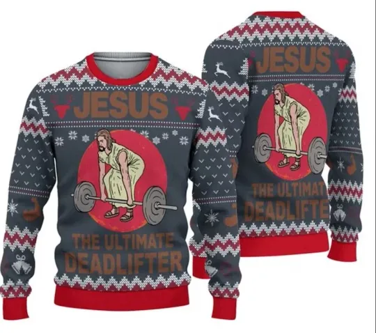 Jesus The Ultimate Deadlifter 3D Ugly Christmas Sweater, Funny Christmas Sweater