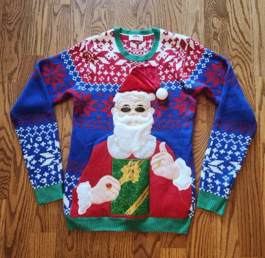 Ugly Christmas Sweater Santa Claus Sunglasses Ruby Ring Pocket 3D Pattern Small